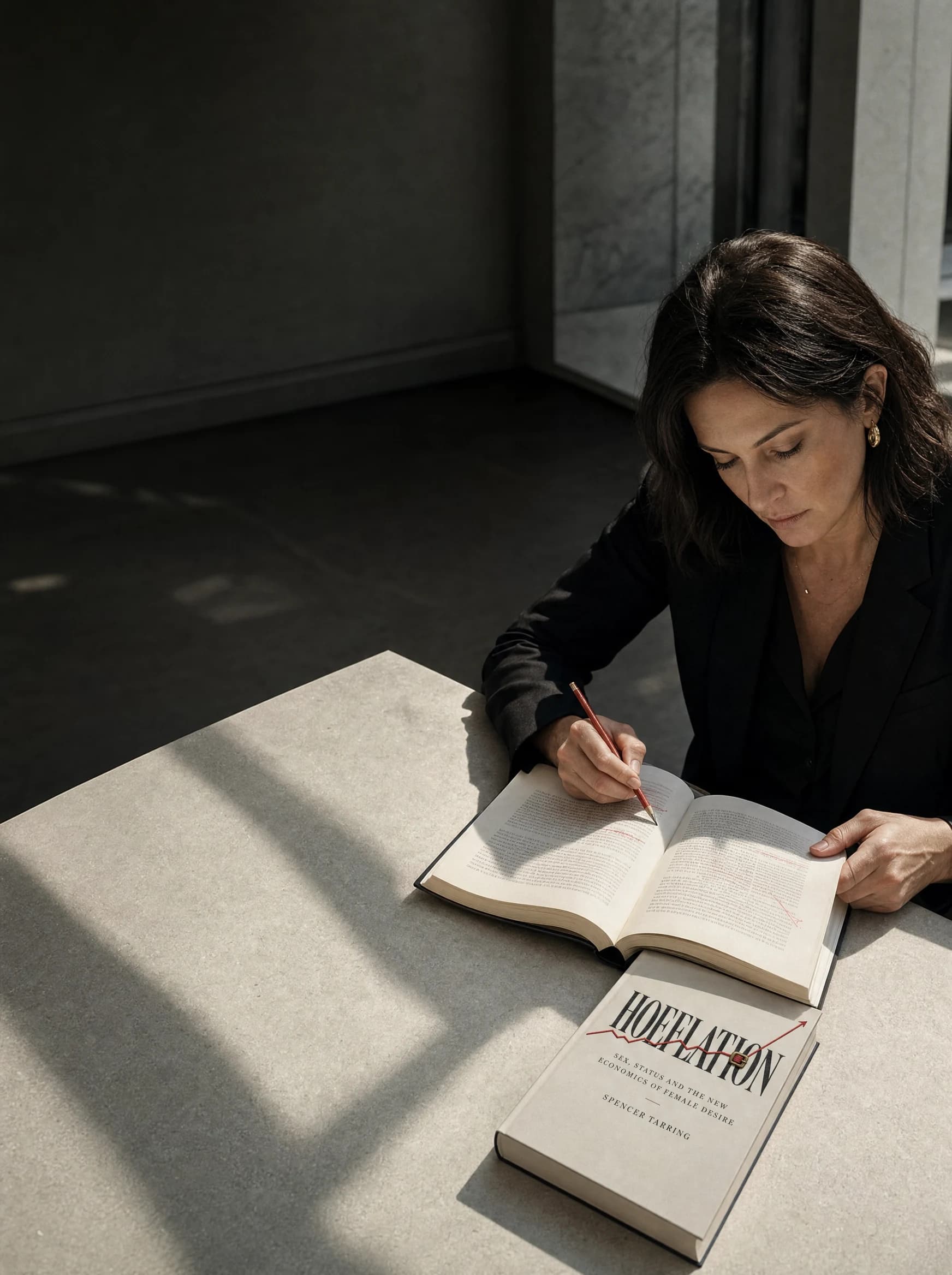 A woman reviewing and annotating an open Hoeflation hardback
