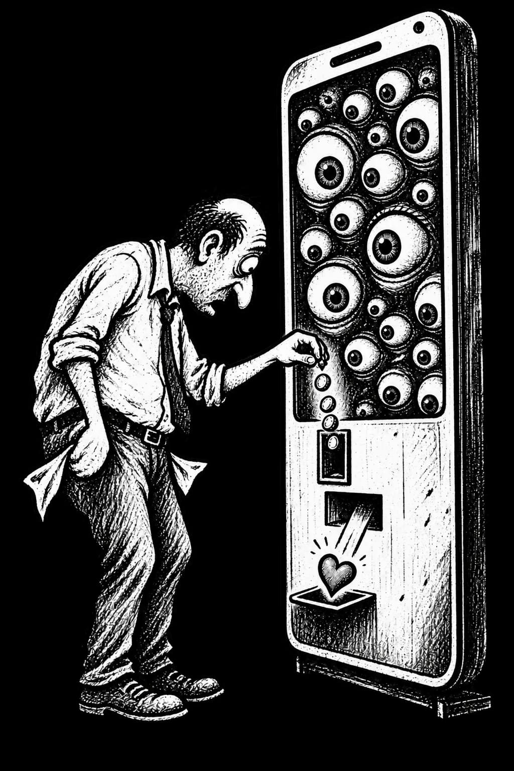 A man feeding coins into a phone-shaped attention machine watched by dozens of eyes